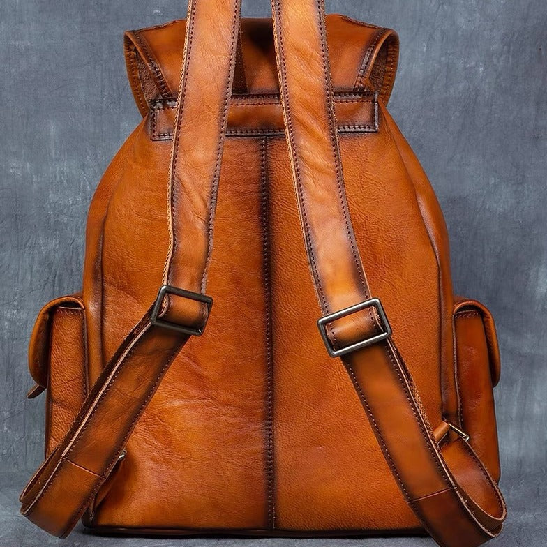 Hs original hand-burnished genuine leather backpack - vintage top grain vegetable-tanned cowhide rucksack for men and women - travel & laptop backpack