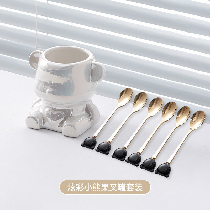 Ceramic bear stainless steel fruit fork set - stylish fruit picks, home use, light luxury forks and spoons, wholesale fruit forks
