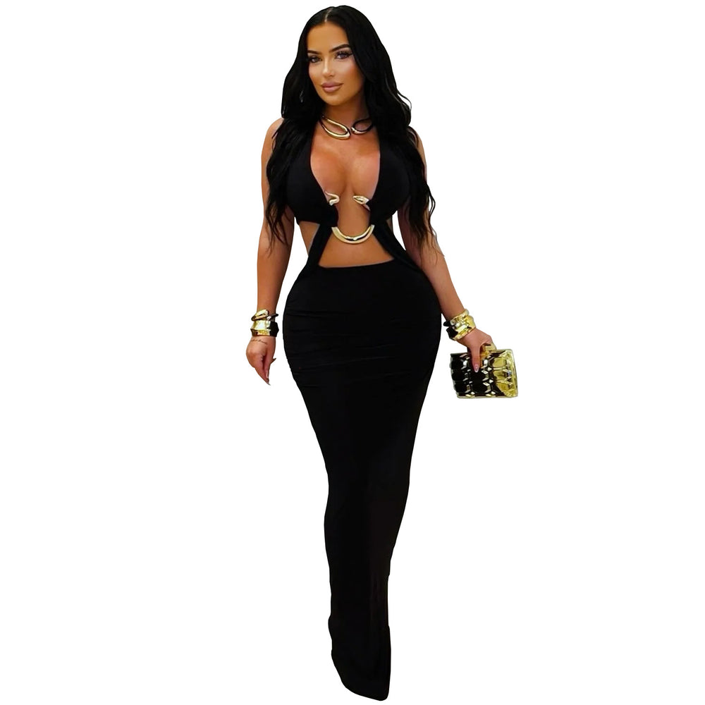 C7572 cross-border   fashion women's sexy slim-fit solid color tie-up sleeveless dress