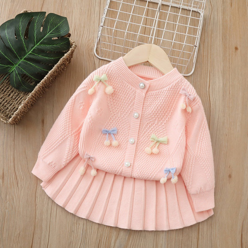 Baby girl handmade floral cardigan two-piece set -  autumn new collection - cute girls' skirt set - girls' sweater outfit