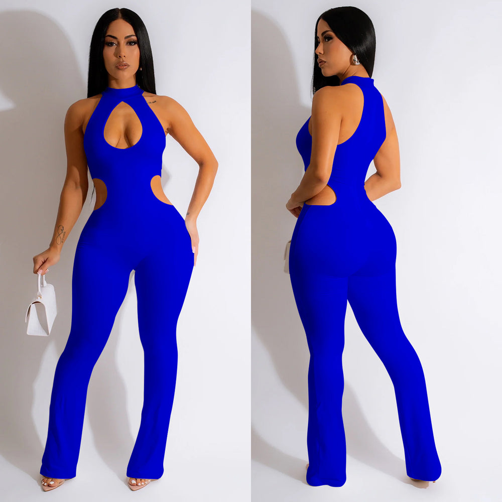C6580 cross-border   fashion women's solid color sexy halter neck cutout long pants jumpsuit
