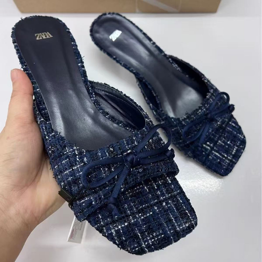 Za summer 2025 new women's bow-embellished high-heeled square-toe mules - stylish and elegant open-back sandals