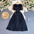 French chic dress - women's high-end, exquisite, and elegant square neck lace-trimmed pleated maxi dress - socialite evening gown