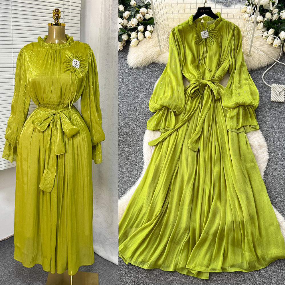 Lightly mature style diamond-encrusted elegance a-line dress women's long sleevestie back waist slimming lookelegant pleated long skirt work clothing