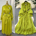 Lightly mature style diamond-encrusted elegance a-line dress women's long sleevestie back waist slimming lookelegant pleated long skirt work clothing
