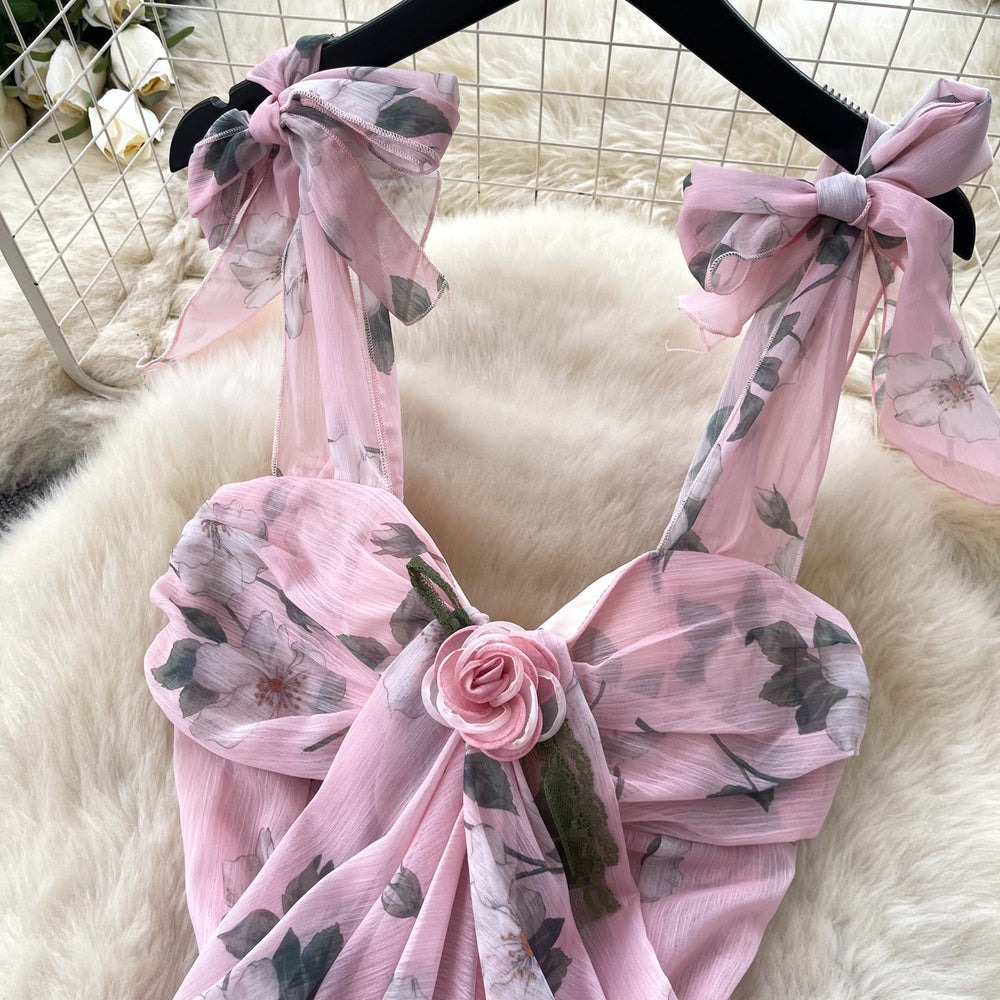French riviera style pink floral print cami dress - women's summer bow detail, figure-flattering, slimming, elegant maxi dress