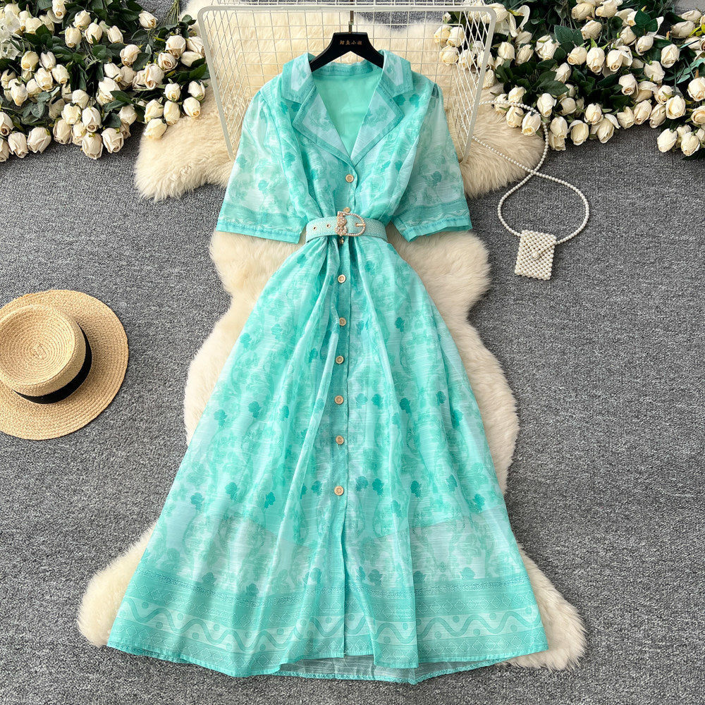 Frenchromantic style printingsense of designdressfemaleniche stylesummer suit collar waist slimming lookelegant long skirt