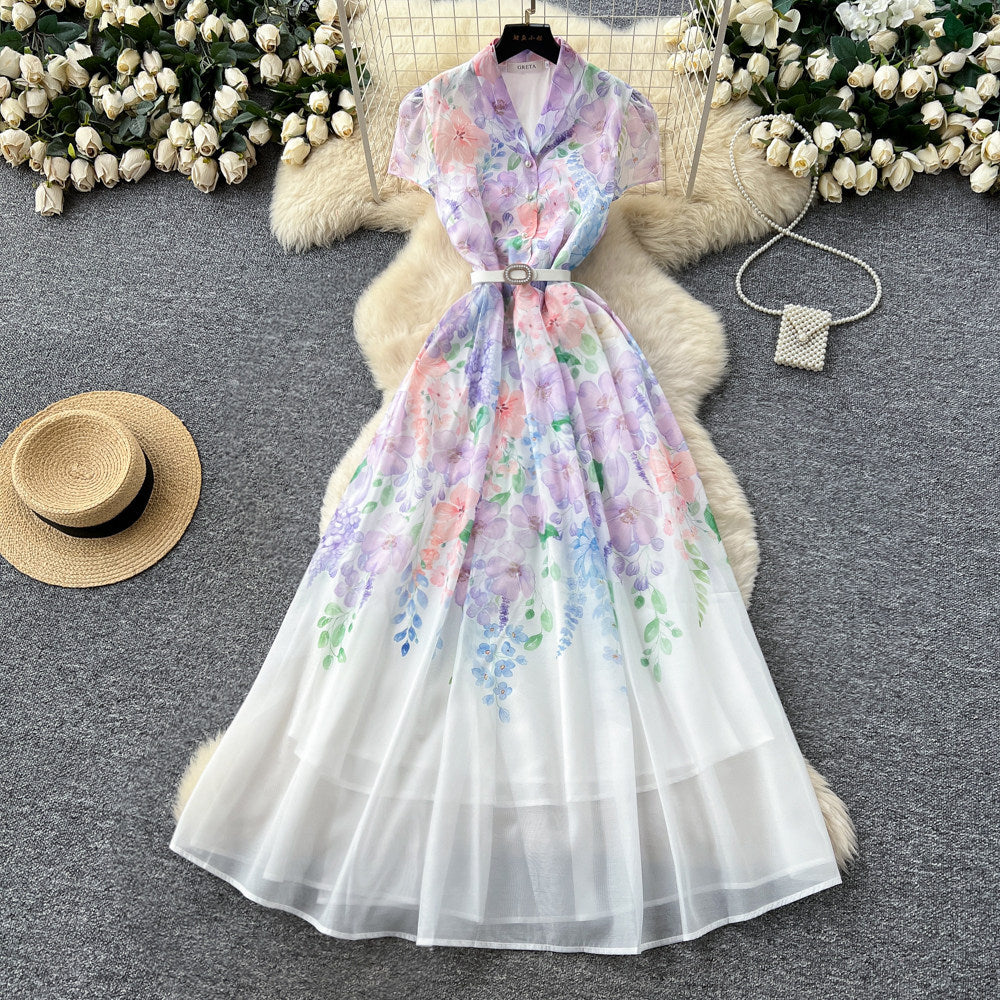 Vacation style v necktie back waist printingdress women's summer short-sleeved lapel long skirt elegantwork clothing women's clothing