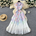 Vacation style v necktie back waist printingdress women's summer short-sleeved lapel long skirt elegantwork clothing women's clothing
