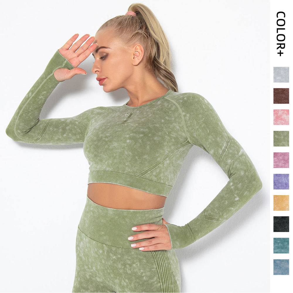 In stock! new european and american style sexy fitness wear for women, tight-fitting, quick-drying, washed athletic running long-sleeve top, yoga outfit
