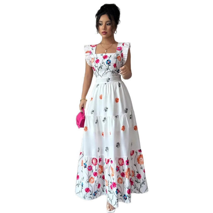 cross-border european and american elegant square neck printed bubble sleeve dress