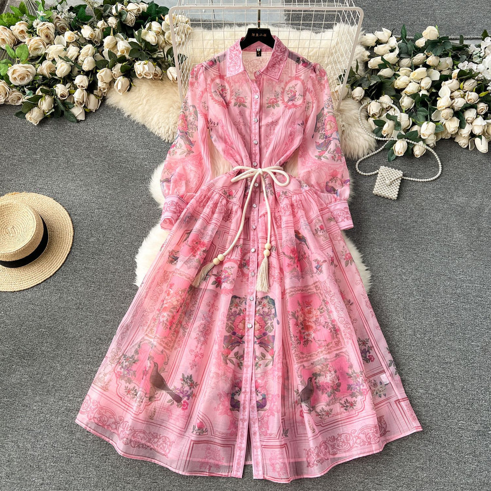 European court style spring dress for women - designer vintage print, slim fit, long, high-end, elegant dress