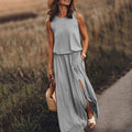 summer new arrivals: cross-border  fashion - european & american style women's sleeveless crew neck dress with slit, available in multiple solid colors