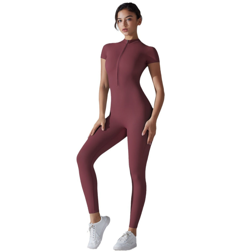 European and american nude feel zipper short sleeve yoga bodysuit - quick-dry, breathable, outdoor sports compression suit - fitness apparel