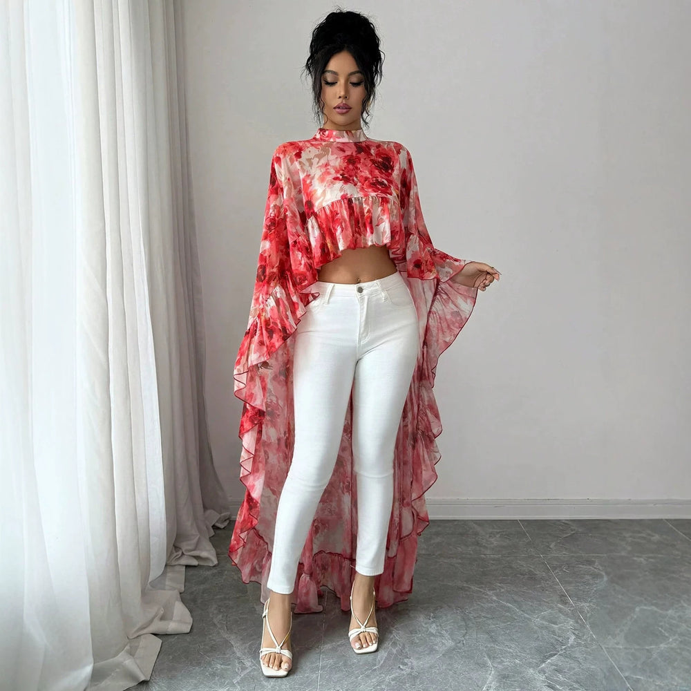 summer cross-border fashion: european & american style stand collar printed ruffle chiffon blouse - vacation-ready flowy cover-up