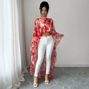 summer cross-border fashion: european & american style stand collar printed ruffle chiffon blouse - vacation-ready flowy cover-up