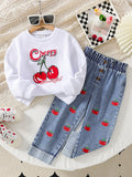 new autumn cross-border girls' cherry print top + embroidered denim washed maxi skirt two-piece set