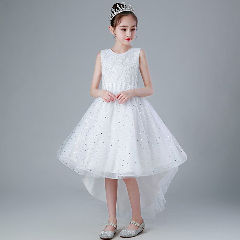 summer girls' tulle princess dress with train - sizes 3-13 years, mid-to-large children's formal dress, floral kids' dress