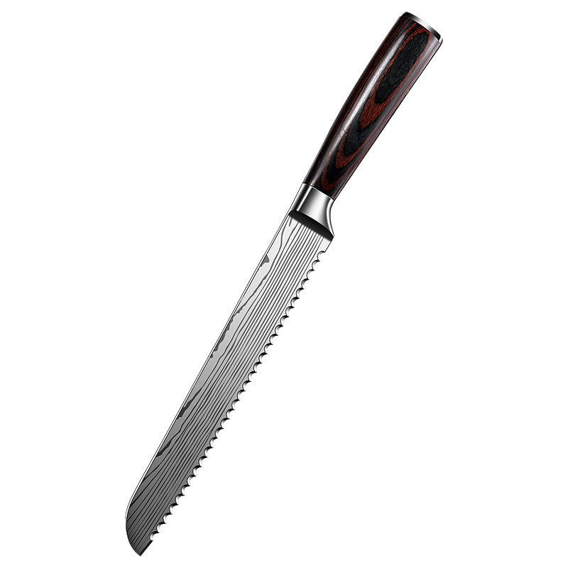420 stainless steel kitchen bread knife sawtooth knife laser pattern chef slicing knife solid wood non-slip knife meat cutter