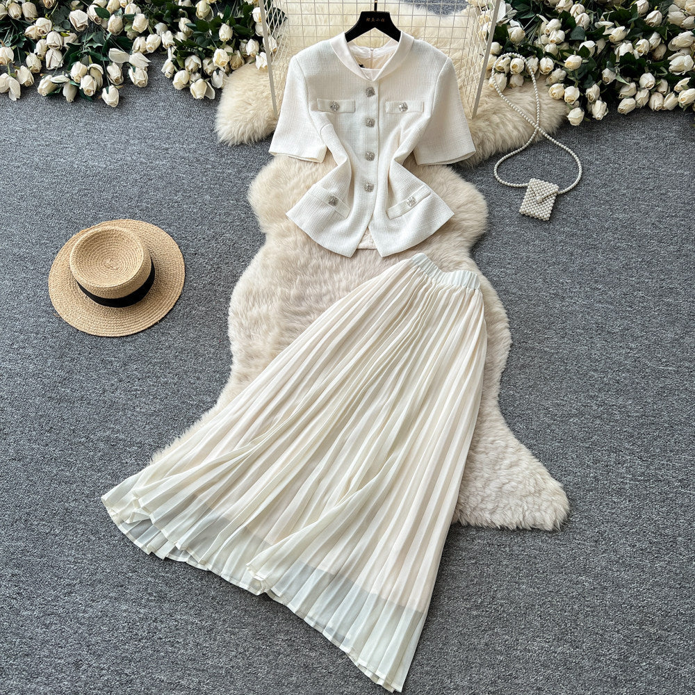 export tweed style short-sleeved stand-up collar topspleated skirttwo-piece setfemale spring and summerwork clothingeleganceelegantsuit