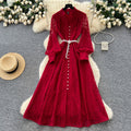Frenchclassy stand collar v neck lantern sleeve lacedress women's waist slimming lookelegant single-breasted long skirt