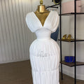 European and american cross-border women's fashion:  autumn new arrivals - sexy and elegant v-neck, waist-cinching white dress with ruched detailing