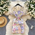 High-end women's summer dress - french vintage v-neck lantern sleeve, heavily embroidered mesh, cinched waist, puff sleeve dress
