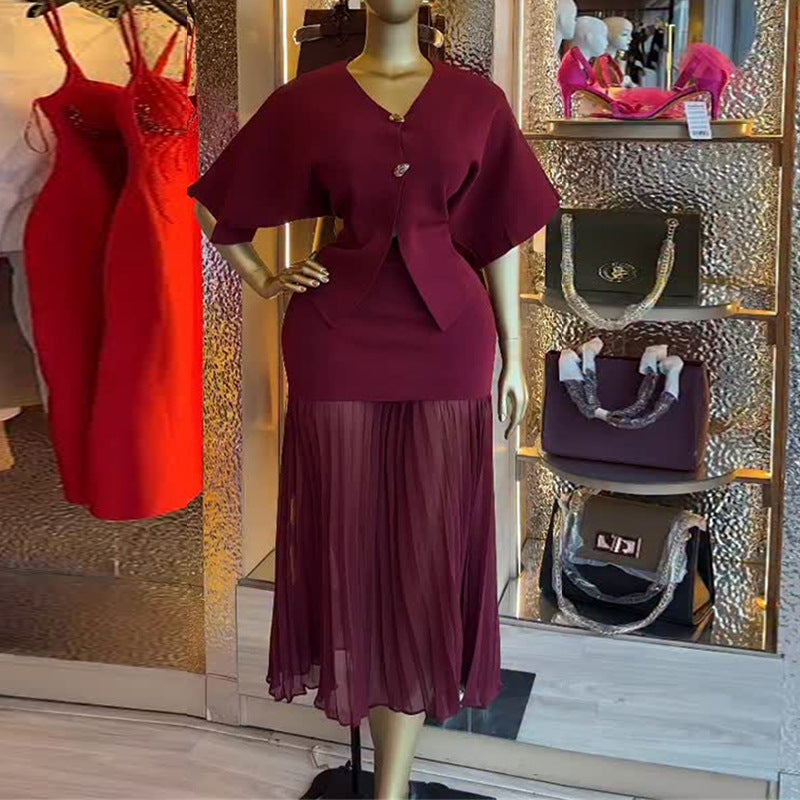 European and american women's clothing  autumn new sweet and fresh v-neck batwing sleeve blouse and high-waisted bodycon midi skirt two-piece set