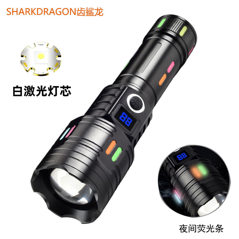Cross-border new white laser strong light flashlight Type-C charging smart screen display fluorescent colorful LED flashlight