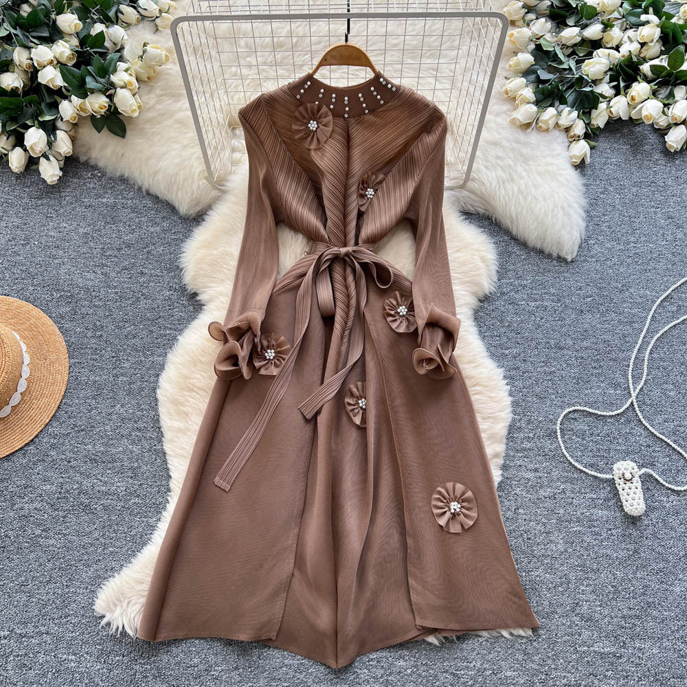 Miya pleated european and american dress for women,  autumn fashion, beaded floral detail, tie-waist, elegant pleated maxi dress
