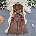 Miya pleated european and american dress for women,  autumn fashion, beaded floral detail, tie-waist, elegant pleated maxi dress