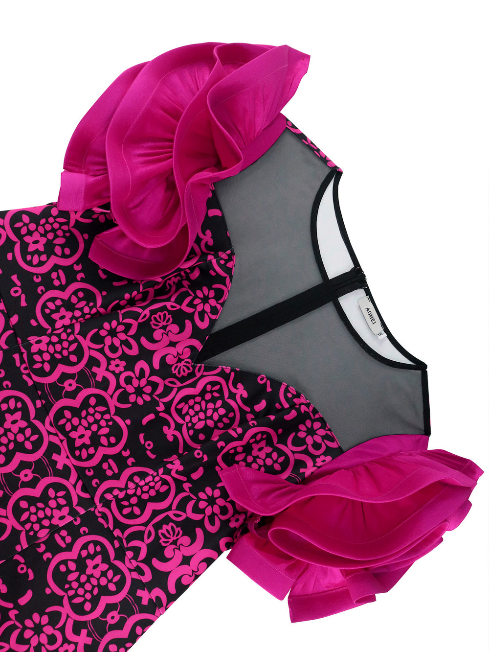 Am040101 european and american mesh panel see-through dress - elegant petal sleeve printed a-line dress