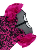 Am040101 european and american mesh panel see-through dress - elegant petal sleeve printed a-line dress