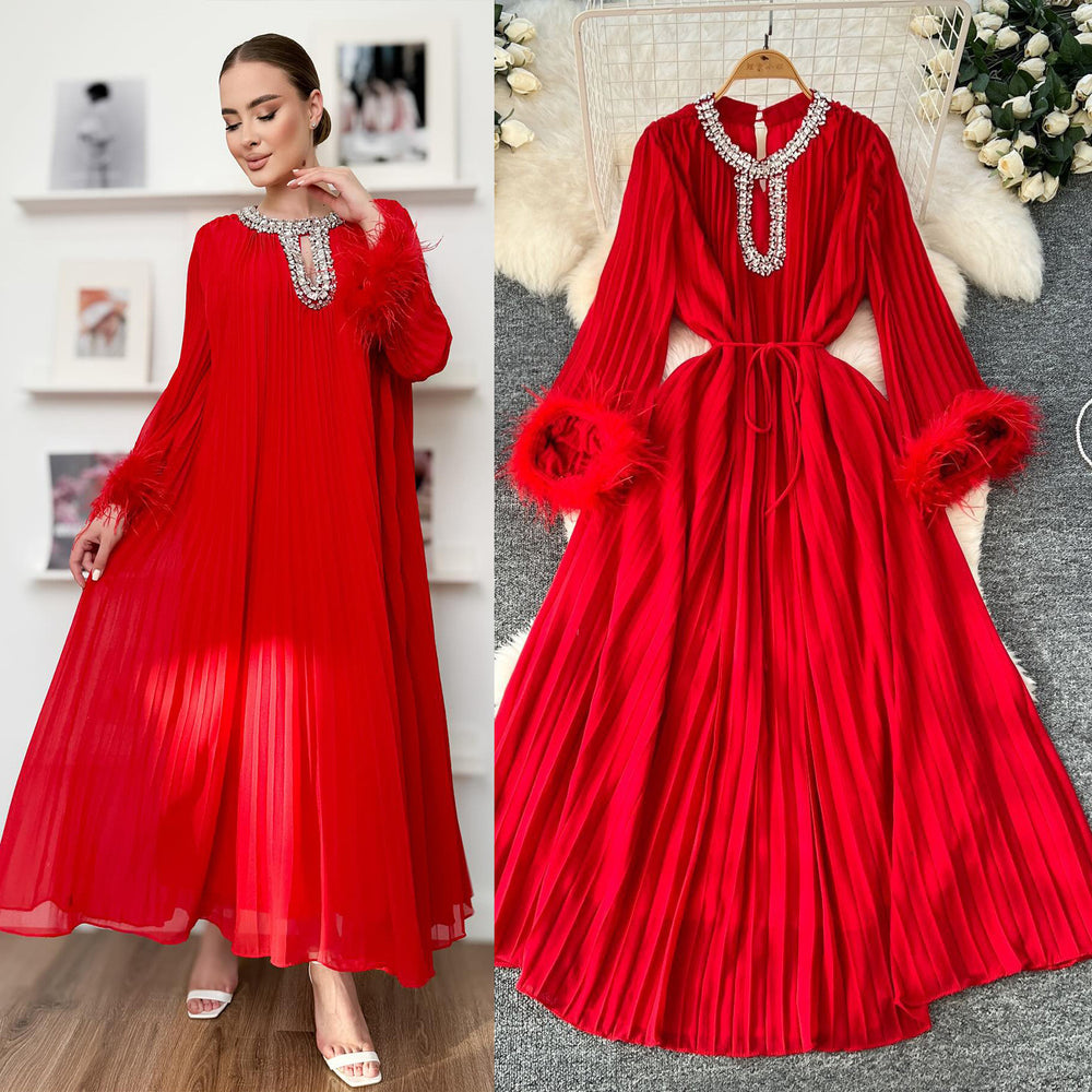 European and american cross-border  autumn new arrival: elegant solid color dress - round neck, rhinestone embellished, loose fit, faux fur trim, pleated maxi dress