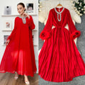 European and american cross-border  autumn new arrival: elegant solid color dress - round neck, rhinestone embellished, loose fit, faux fur trim, pleated maxi dress
