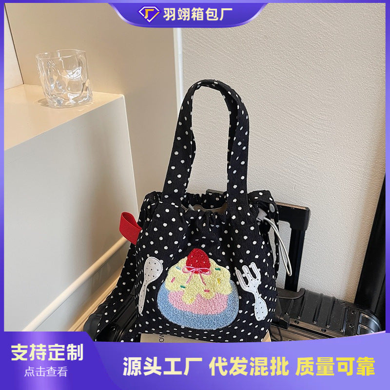 Cross-border cartoon canvas bag women's new drawstring messenger bag simple portable cloth bag bucket bag lightweight shoulder bag