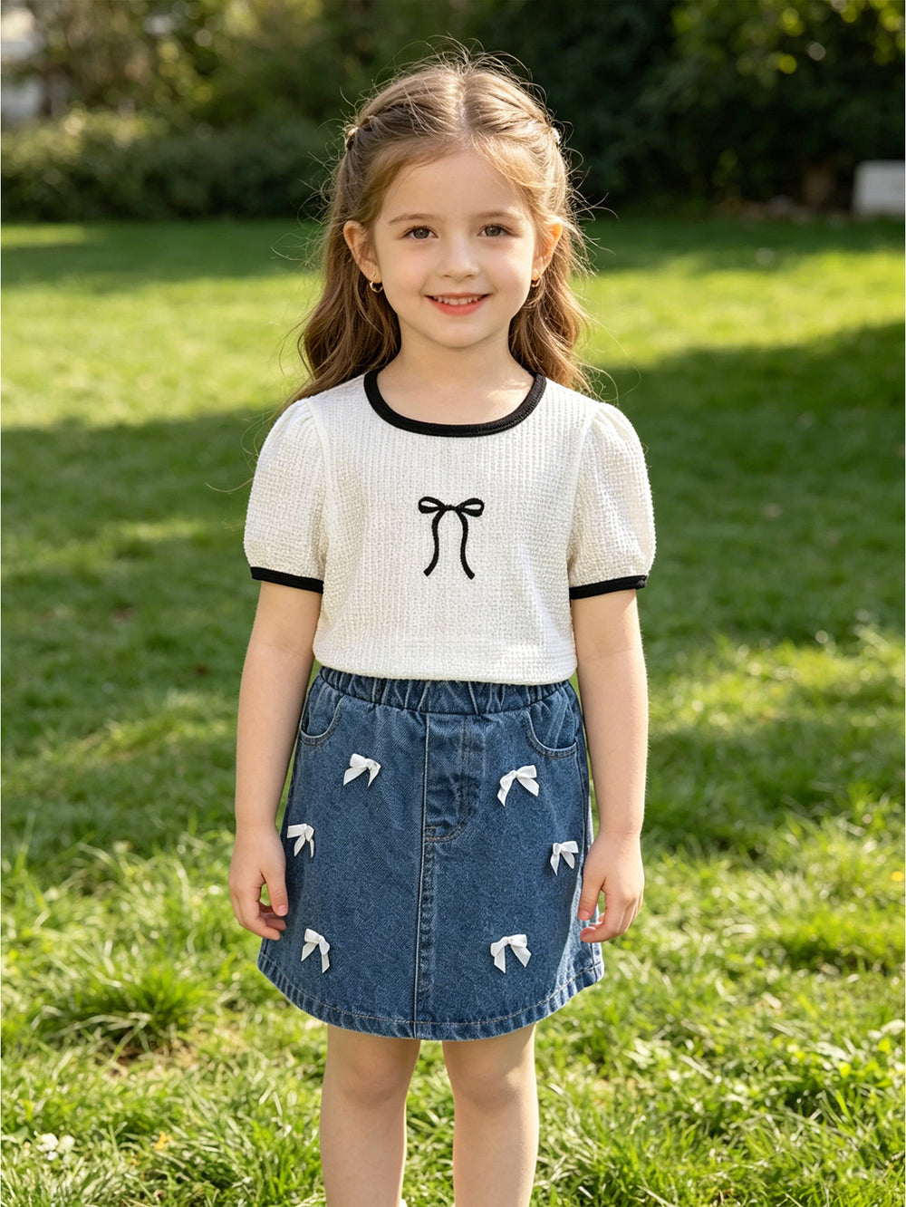 new summer cross-border textured bow embroidered top & heavy-duty washed denim skirt two-piece set