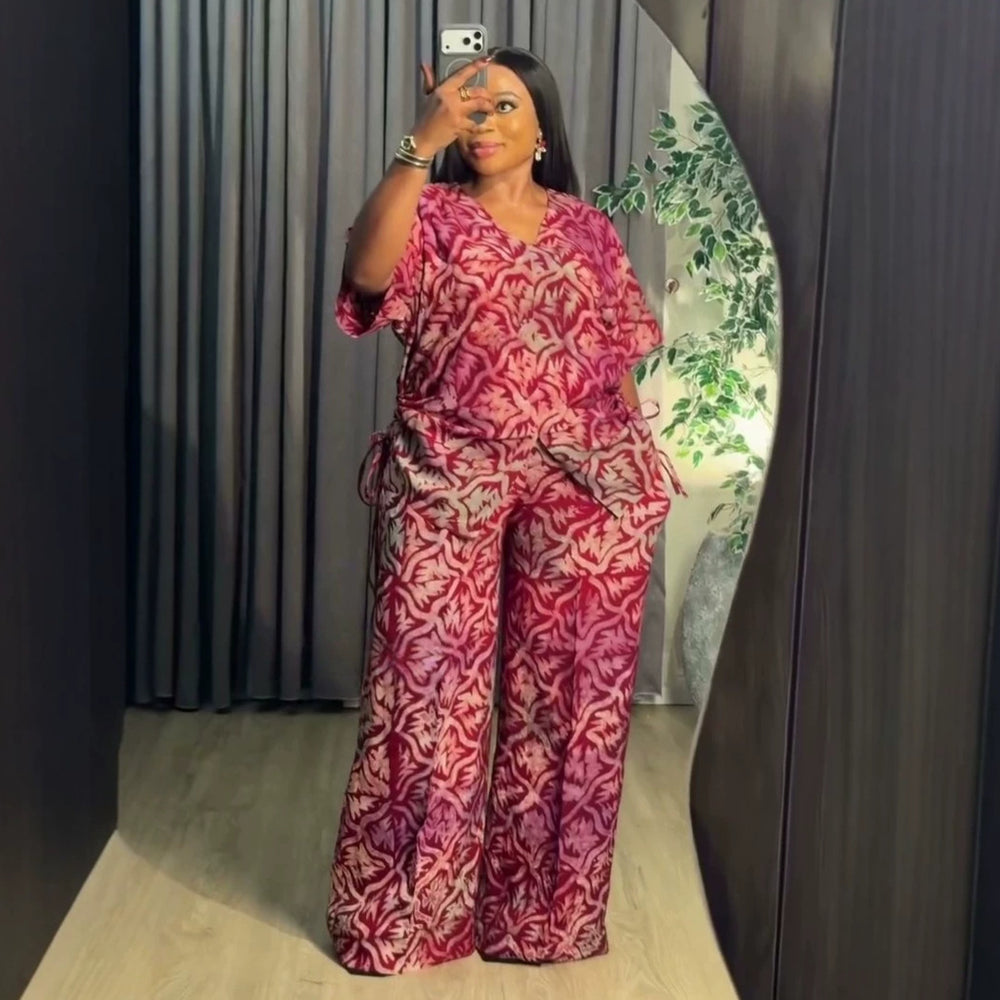 african women's clothing  summer new arrival: elegant v-neck drawstring loose plus size printed top and pants set