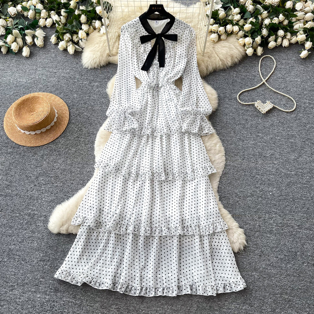 French sweet polka dot long sleeve tiered dress - women's autumn bow ruffle cake dress - unique designer style