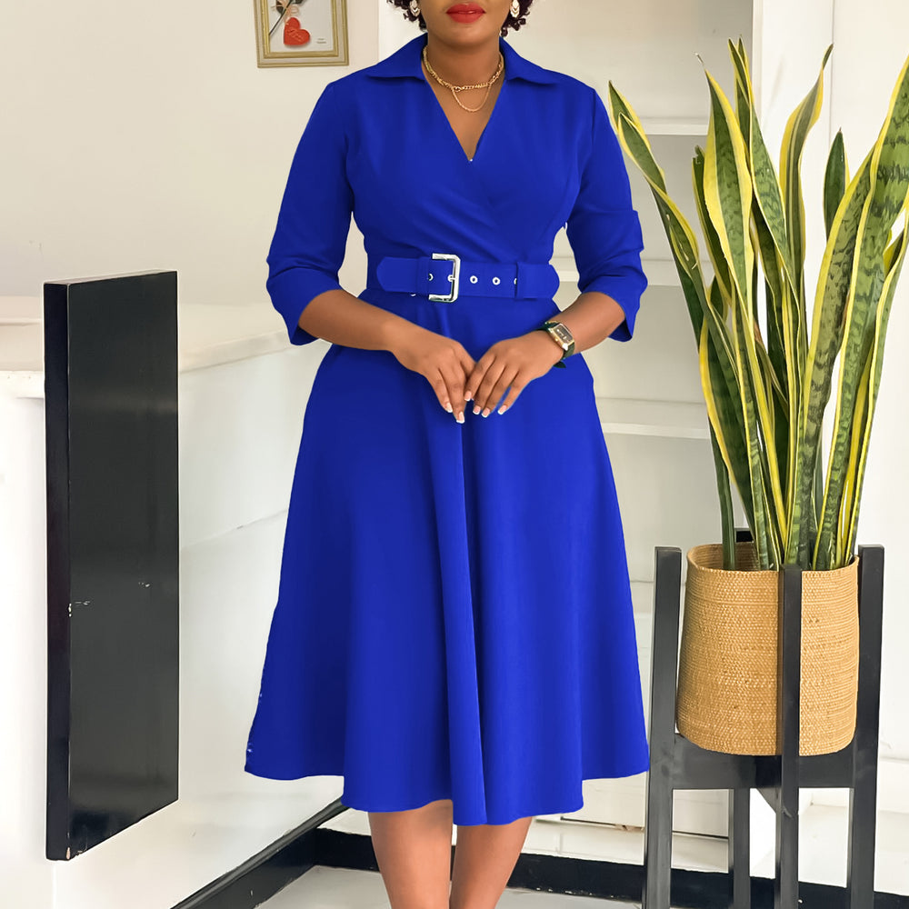 D3290 european and american plus size women's clothing  autumn new arrival: lapel collar, stylish and elegant solid color maxi dress - export quality