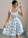 european and american cross-border new arrival: square neck, cinched waist, printed bubble sleeve dress