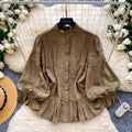 Retro palace style stand collar lace lace shirt women's spring style k-style lantern sleeve cardigan style waist tops