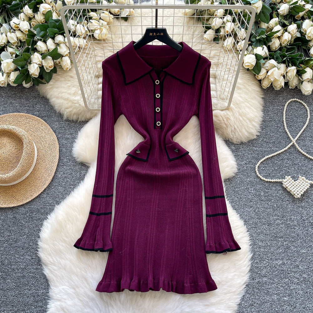 French dress women's fall and winter  new arrival tweed styleclassy fashion contrast color lapel waist knitting skirt