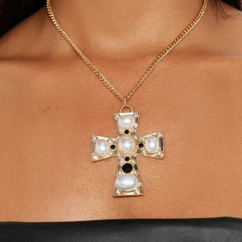 Imitation pearl metal cross pendant wholesale - european & american cross-border punk style - unique necklace for women - high-end clavicle chain