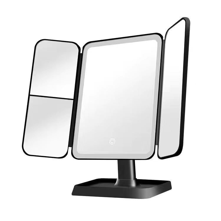 LED desktop makeup mirror 2-in-1 shell three-sided storage box folding dressing mirror smart fill light beauty mirror