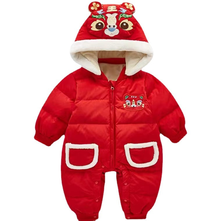 Baby winter new arrival: chinese new year fleece-lined, extra thick, chinese style new year outfit, newborn first birthday warm and festive crawling suit