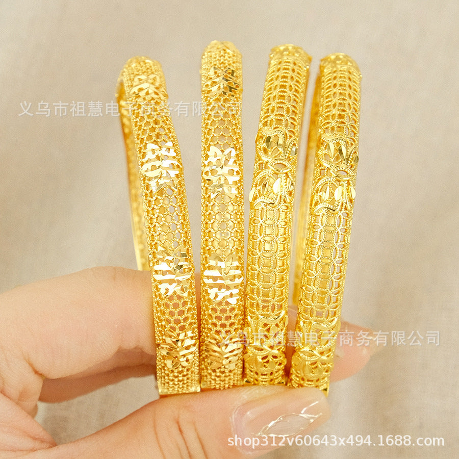 Wholesale dubai women's luxury hollow flower bangle gold elegant middle eastern bridal wedding bracelet party gift