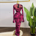 European and american women's clothing  autumn new collection: sweet and fresh printed mock neck long sleeve high waist slimming maxi dress