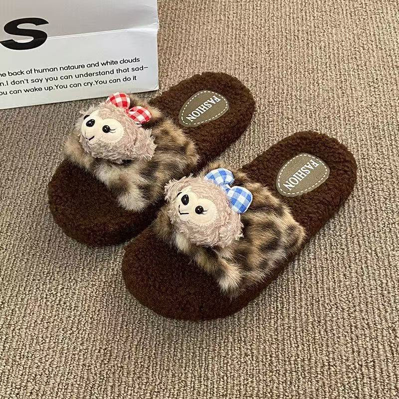 2025 new cute cartoon shirley rose leopard print fuzzy slippers women's autumn/winter outdoor non-slip soft sole closed-toe cotton slippers