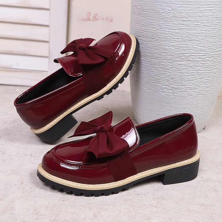 bow loafers for women  foreign trade thick sole medium heel british style retro small leather shoes for women size difference 0.5